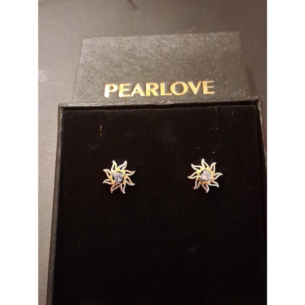 S925 Pearlove Sterling Silver And Gold Sunburst With Clear Center Stones New